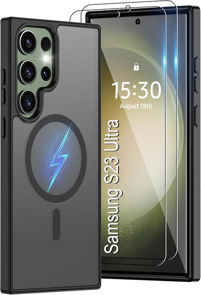For Samsung Galaxy S23 Ultra Case [Compatible with Magsafe] Translucent Matte Magnetic S23 Ultra Phone Case,SlimThin Duty Shockproof Protection Cover with 2pc HD Screen Protector for S23 Ultra-Black