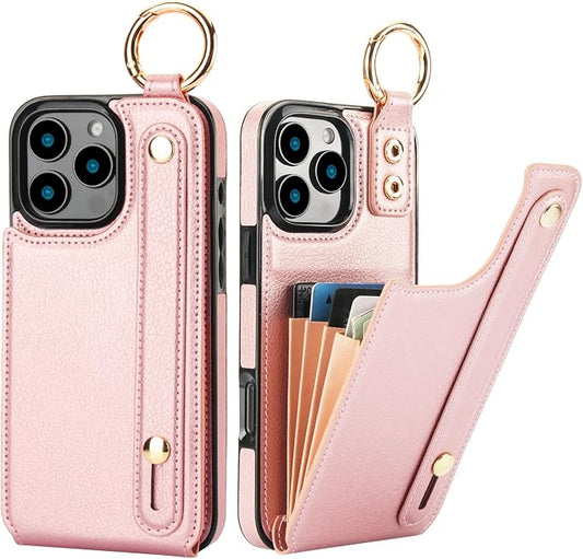 Folosu for iPhone 16 Pro Max Wallet Case with Card Holder, Hand Wrist Strap Loop Holder Kickstand, RFID Blocking Finger Grip Ring PU Leather Double Buttons Shockproof Cover 6.9" Rose Gold
