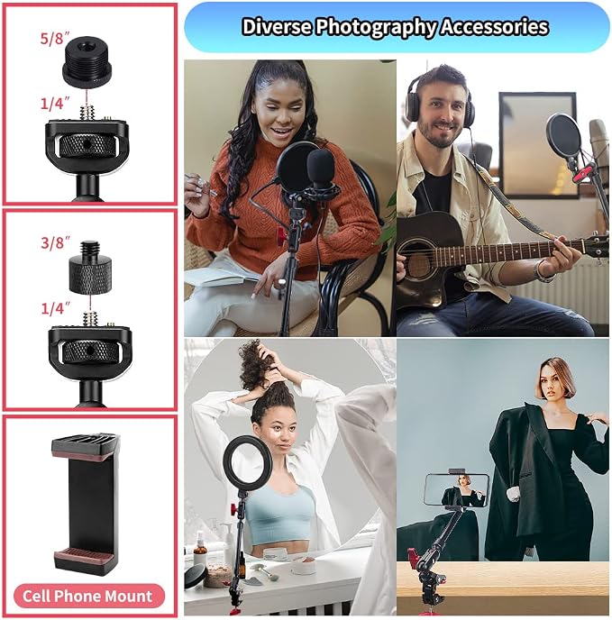 13"/34cm Magic Arm w Clamp, Camera Mount & Clamp w 1/4" 3/8" Threads and Articulating Friction Magic Arm, Overhead Phone Mount, Camera Boom Arm Mount for Light Webcam Mic Action Camera Monitor