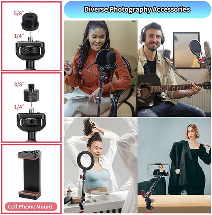 13"/34cm Magic Arm w Clamp, Camera Mount & Clamp w 1/4" 3/8" Threads and Articulating Friction Magic Arm, Overhead Phone Mount, Camera Boom Arm Mount for Light Webcam Mic Action Camera Monitor