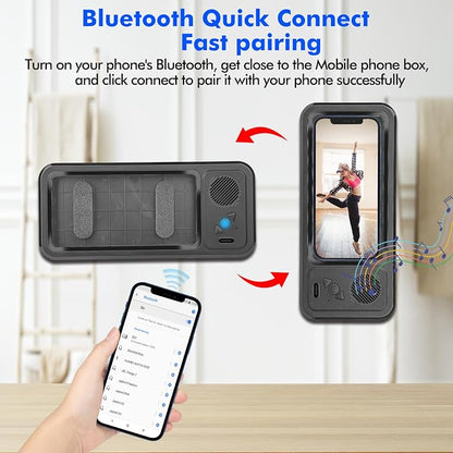 Fanlory Shower Phone Holder with Wireless Bluetooth Speaker, Waterproof 480 Rotation Viewable Shower Phone Stand Case Mount Speakers for Bathroom Wall Mirro for 4"- 6.8" Cell Phones(Black)