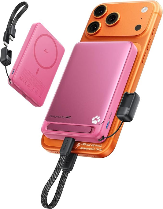 INIU for Magsafe Power Bank, Pretty Pink Slimmest 10000mAh 15W Magnetic Power Bank, 45W Fast Charging with Attached USB C Cable & Kickstand, Battery Pack for iPhone 17 16 15, Gift Idea for Family