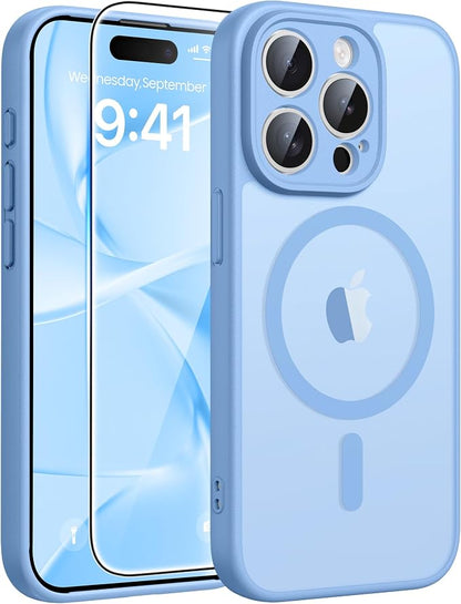 FNTCASE for iPhone 15 Pro Max Case: [Compatible with Magsafe] Translucent Matte Cases with [Full Camera Protection] [Screen Protector] Military Grade Shockproof Protective Phone Cover - Light Blue