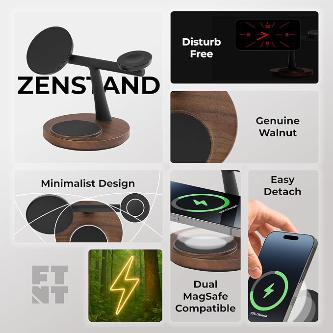ZenStand Magnetic Wireless Charger, Compatible with iPhone & Apple Watch, Compatible with MagSafe, Walnut Wood Design, 15W Max, Soft-Touch, Wireless Charging Station (Bundle with 30W Adapter & Cable)
