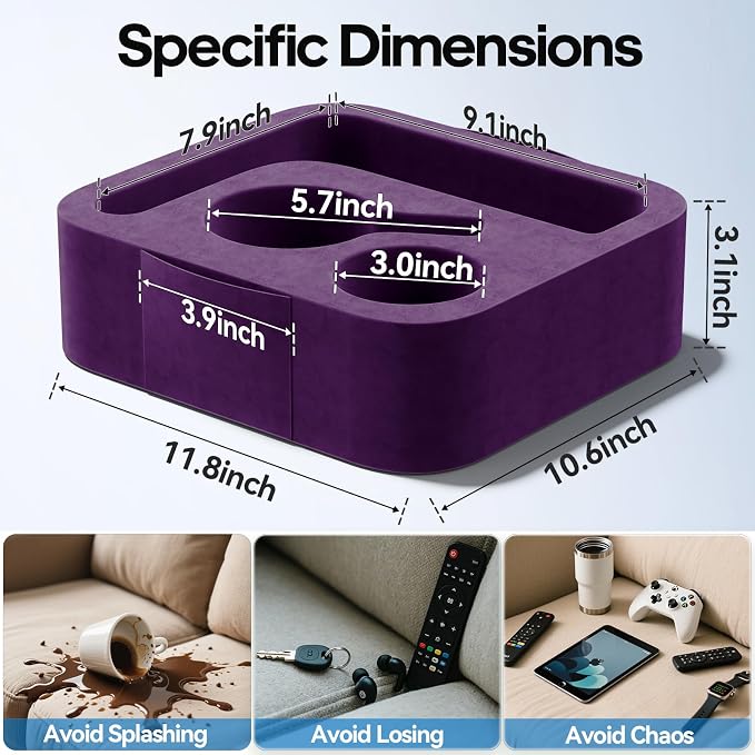 Couch Cup Holder Pillow, Sofa and Bed Caddy for iPad, Kindle, Switch, Game Controller, Remotes, Phones, Small-Sized Cup & Drink Holder for Couch, Bed, Desk, Car, Beach, Bathroom Cup Holder Purple
