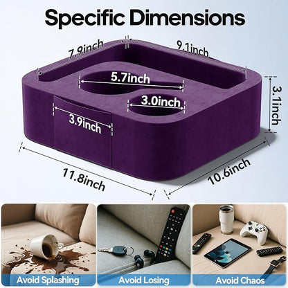 Couch Cup Holder Pillow, Sofa and Bed Caddy for iPad, Kindle, Switch, Game Controller, Remotes, Phones, Small-Sized Cup & Drink Holder for Couch, Bed, Desk, Car, Beach, Bathroom Cup Holder Purple