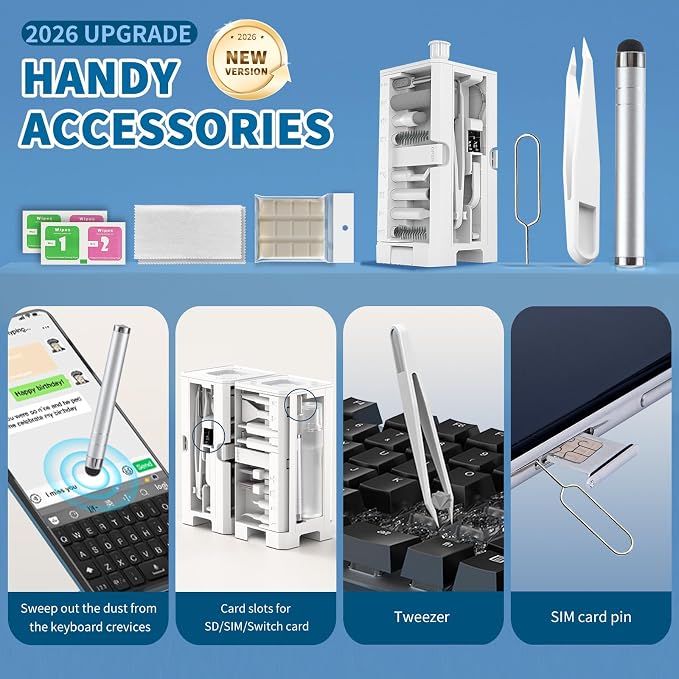 2026 Upgrade Phone Cleaning Kit 57PCS, iPhone Cleaning Kit, Airbud Cleaning Kit for AirPods, Keyboard Cleaning Kit, Charging Port Cleaner for Apple Lightning/Android USB-C (White, with 10 Mini Brush)