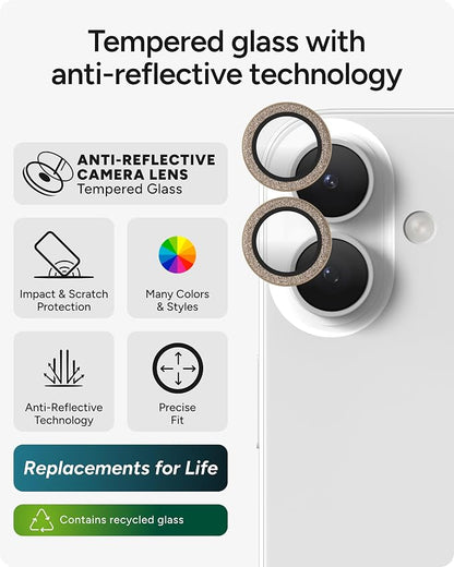 ZAGG iPhone Camera Lens Protector for iPhone 17/16/ 16 Plus - Gold Glitter, Camera Ring, Maximum Impact & Scratch Protection, Anti-Reflective Technology, Smudge-Resistant, Precise Fit, Glass Elite