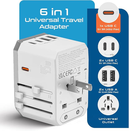Ceptics 45W Universal Power Adapter w/ 3 USB-C, 2 USB-A & Universal Input | Travel Adapter Worldwide for USA, EU, UK, AU & more, Type A, C, G & I Plugs, PD 45W USB-C Universal Adapter, 6 in 1 design
