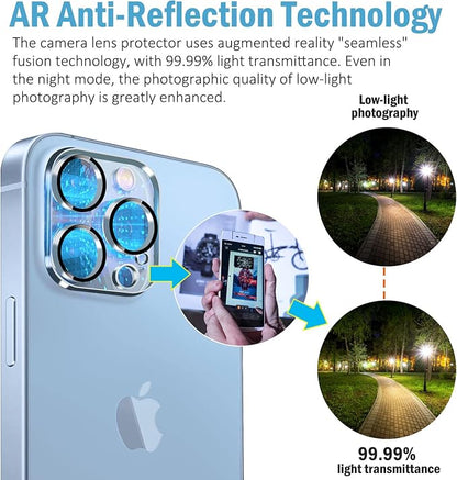 QHOHQ [3 Pack] Tempered Glass Camera Lens Protector for iPhone 13 Pro 6.1" ＆ iPhone 13 Pro Max 6.7", 9H Hardness, Ultra HD, Anti-Scratch, Easy to Install, Case Friendly [Does not Affect Night Shots]