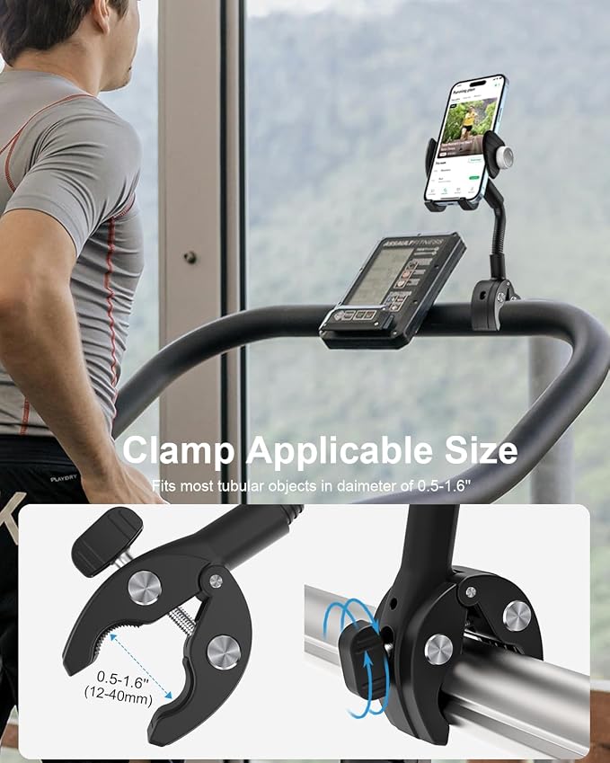 Gooseneck Spin Bike Phone Holder, Cell Phone Mount Exercise Bike Handlebar Clamp for Stationary Bicycle, Treadmill, Microphone Stand, for iPhone Air 17 Pro Max 16 15 14 13 12, S25, 4.7-7" Smartphones