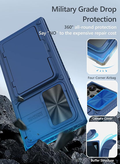 Vihibii for Samsung Galaxy S23 Ultra Case with Card Holder (4 Cards) & Sliding Camera Cover & Kickstand, Shockproof Rugged Hard Back & TPU Edge Wallet Case for Galaxy S23 Ultra 5G 6.8" 2023, Blue