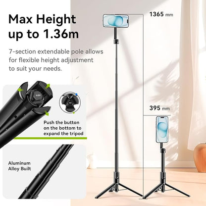 ULANZI 54'' Magnetic Selfie Stick Tripod Pro, All-in-One Phone Tripod w Magnetic Phone Holder & Detachable Wireless Remote, C/W Magsafe, for iPhone 16 15 14 13 12 Series & Android Phones (Black)