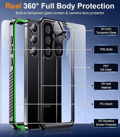 Temdan Designed for Samsung Galaxy S24 Case,Waterproof Built-in Lens & Screen Protector [Full Body Shockproof][Military Drop Proof][IP68 Underwater] Phone Case for Galaxy S24 5G-Green (2024)