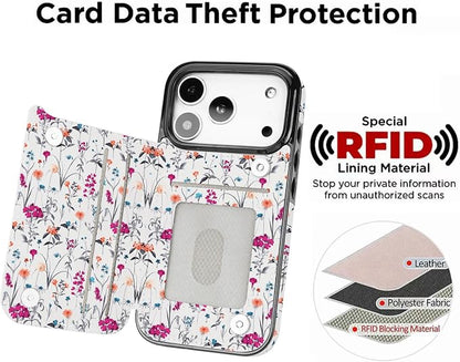 uCOLOR for iPhone 17 Pro Wallet Case with Card Holder PU Leather RFID Blocking Design iPhone 17 Pro flip case for Women Men Magnetic Clasp Kickstand Design 6.3 inch (Enchanted Floral)