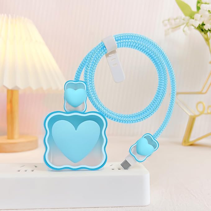 CameCosy Phone Charger Storage Case Cover Sets with Phone Cable Protector for iPhone Charger, Wave Travel Storage Bag, Earphone Cord Saver Cute DIY Cable Protector Cable Organizer (Blue Love Heart)
