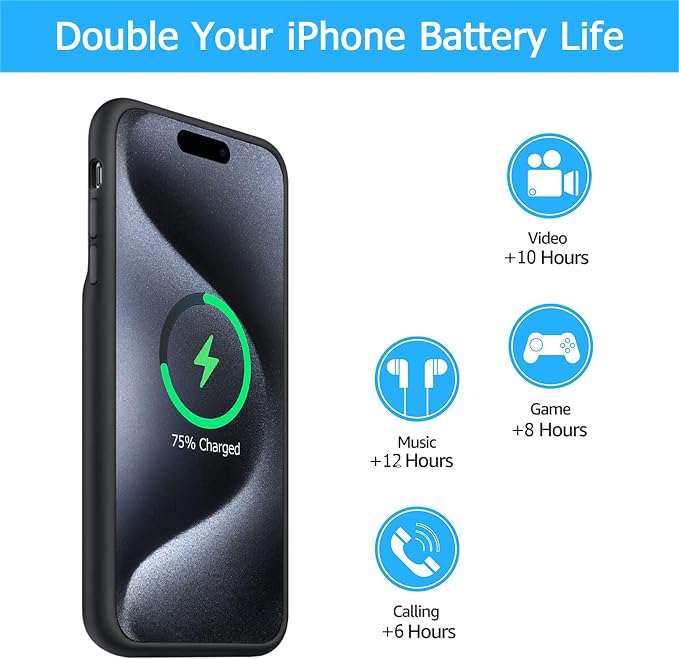 Battery Case for iPhone 15 Pro, [10000mAh] Enhanced Portable Protective Smart Qi Wireless Charger Case Battery Pack with CarPlay Wireless Charging Case Compatible for iPhone 15 Pro (6.1 inch)-Black