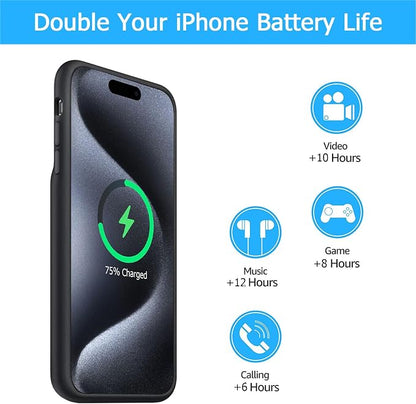 Battery Case for iPhone 15 Pro, [10000mAh] Enhanced Portable Protective Smart Qi Wireless Charger Case Battery Pack with CarPlay Wireless Charging Case Compatible for iPhone 15 Pro (6.1 inch)-Black