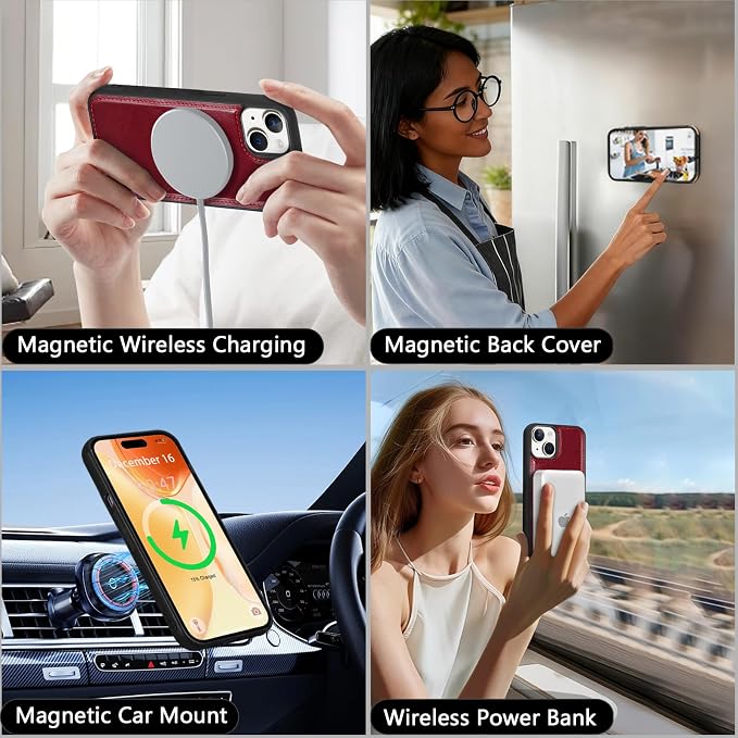 Wallet Case for iPhone 15 with Card Holder/Crossbody Wallet/Strap| RFID Blocking | Magnetic | Kickstand | Detachable | PU Leather Phone Case for iPhone 15,6.1 in,Wine Red