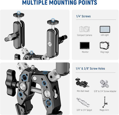 NEEWER Heavy Duty Super Clamp with Two 360° Dual Ball Head Magic Arms, 1/4" 3/8" Screw Threads, Phone & Action Camera Mount Adapter for Flat/Round Surface Compatible with GoPro DJI Insta360 DSLR