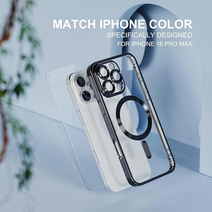 Misea Magnetic for iPhone 16 Pro Max Case Compatible with MagSafe [Never Yellowing] [Military Grade Drop Protection] Full Camera Lens Protector Plating Soft Clear Phone Case for Women 6.9", Black