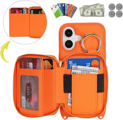Crossbody Wallet Case for iPhone 17, PU Leather Zipper Handbag Purse Flip Cover, Kickstand Folio Case with Card Slots Holder Wrist Strap Lanyard 5G 6.3 Inch-Orange