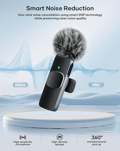 3-in-1 Wireless Lavalier Microphone for iPhone, iPad, Android, Camera - Noise-Canceling Mini Mic with 2.4G Ultra-Low Latency for Vlog, TikTok & YouTube Streaming (2 Mics)