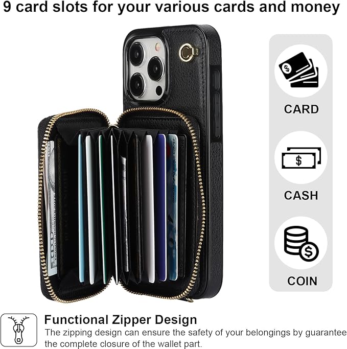 Bocasal Crossbody Wallet Case for iPhone 15 Pro Max, RFID Blocking Leather Purse Case with Card Holder, Protective Handbag Flip Cover with Zipper Wrist Strap Lanyard for Women 5G 6.7 Inch (Black)