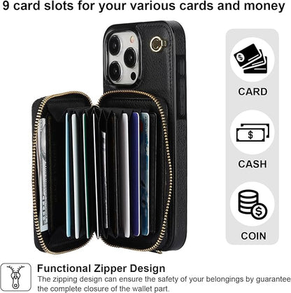 Bocasal Crossbody Wallet Case for iPhone 15 Pro Max, RFID Blocking Leather Purse Case with Card Holder, Protective Handbag Flip Cover with Zipper Wrist Strap Lanyard for Women 5G 6.7 Inch (Black)