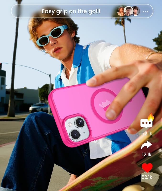 FNTCASE for iPhone 15 Case: for iPhone 14 Case & iPhone 13 Case [Compatible with Magsafe] Translucent Matte Cases with [Screen Protector] Military Grade Shockproof Protective Phone Cover - Hot Pink
