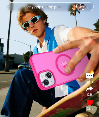 FNTCASE for iPhone 15 Case: for iPhone 14 Case & iPhone 13 Case [Compatible with Magsafe] Translucent Matte Cases with [Screen Protector] Military Grade Shockproof Protective Phone Cover - Hot Pink