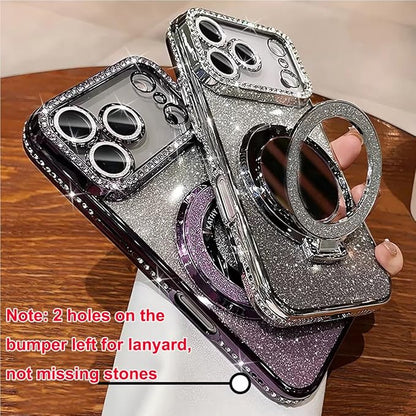 for iPhone 17 Pro Magnetic KickStand, [Compatible with Magsafe] Shockproof Glitter Makeup Mirror Ring Holder Camera Protector Girls Woman Cute Bling Phone Cover for iPhone 17 Pro 6.3", Orange