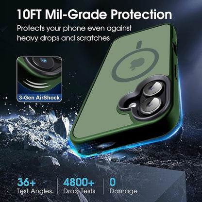 Powerful Magnetic Case for iPhone 16 Case [5X-Grade Drop Tested & Compatible with MagSafe] Translucent Anti-Fingerprint Shockproof Protective Cover 6.1 Inch, Alpine Green