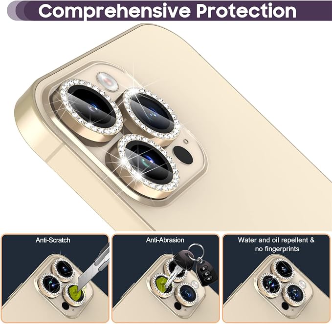 Suoman for iPhone 14 Pro Max / 14 Pro Camera Lens Protector, [Diamonds Bling] 9H Tempered Glass, Full Coverage Metal Protective Cover- Diamond Gold