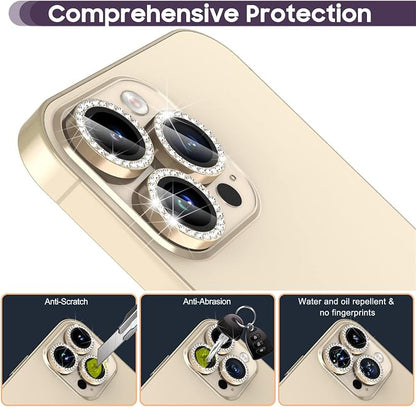 Suoman for iPhone 14 Pro Max / 14 Pro Camera Lens Protector, [Diamonds Bling] 9H Tempered Glass, Full Coverage Metal Protective Cover- Diamond Gold