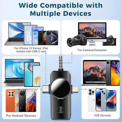 3 in 1 Mini Microphone,Wireless Lavalier Microphones for iPhone Android Camera USB-C,2.4G Ultra-Low Delay,Noise Reduction,Microphone Video Recording, Live Streaming (Black, 3microphone) (3) (3)