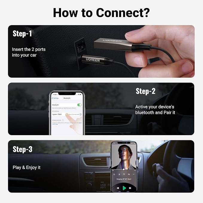 UGREEN Aux to Bluetooth 6.0 Adapter 3.5mm Bluetooth Receiver for Car USB 2.0 to 3.5mm Jack Kit with Built-in Microphone Aux Input for Hands-Free Calls Compatible with Car Speaker and Home Audio
