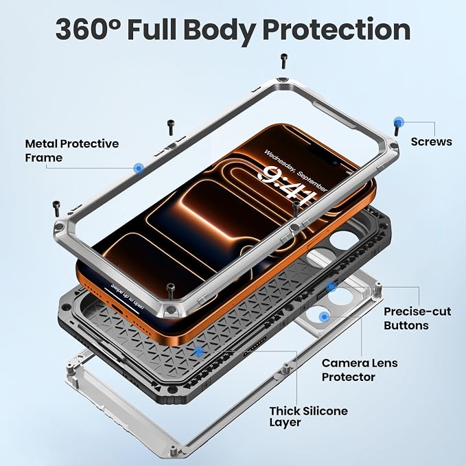 Mitywah Waterproof Case for iPhone 17 Pro, Rugged Metal Case with Built-in Screen Protector, Heavy Duty Full Body Shockproof Protective Cover 6.3 inch, Silver