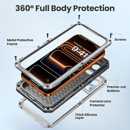 Mitywah Waterproof Case for iPhone 17 Pro, Rugged Metal Case with Built-in Screen Protector, Heavy Duty Full Body Shockproof Protective Cover 6.3 inch, Silver