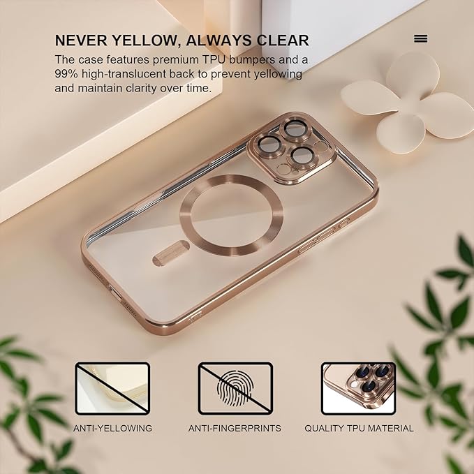 Misea Magnetic for iPhone 16 Pro Case Compatible with MagSafe [Never Yellowing] [Military Grade Drop Protection] Full Camera Lens Protector Plating Soft Clear Phone Case for Women 6.3", Desert