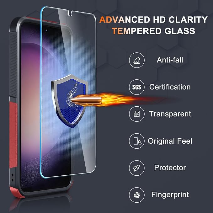 RMOCR Case for Samsung Galaxy S25 Plus, Full Body Heavy Duty Rugged Shockproof Protective Phone Cover with Lanyard Strap, Tempered Glass Screen Protector and Camera Lens Cover, Red