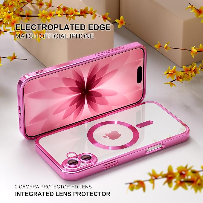Misea Magnetic for iPhone 17 Case Compatible with MagSafe [Never Yellowing] [Military Grade Drop Protection] Full Camera Lens Protector Plating Soft Clear Phone Case for Women, Hot Pink