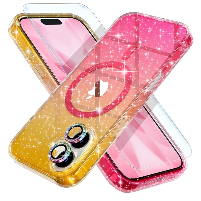 Choiche Magnetic for iPhone 17 Case Compatible with MagSafe, Women Cute Glitter Sparkly Phone Case with Diamond Camera Lens Protectors, Military-Grade Drop Protection 6.3" (Gold/Pink)