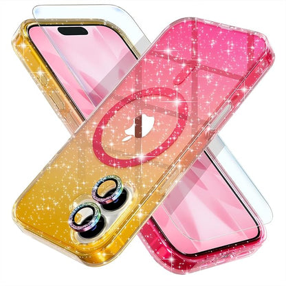 Choiche Magnetic for iPhone 17 Case Compatible with MagSafe, Women Cute Glitter Sparkly Phone Case with Diamond Camera Lens Protectors, Military-Grade Drop Protection 6.3" (Gold/Pink)