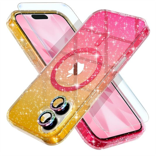 Choiche Magnetic for iPhone 17 Case Compatible with MagSafe, Women Cute Glitter Sparkly Phone Case with Diamond Camera Lens Protectors, Military-Grade Drop Protection 6.3" (Gold/Pink)