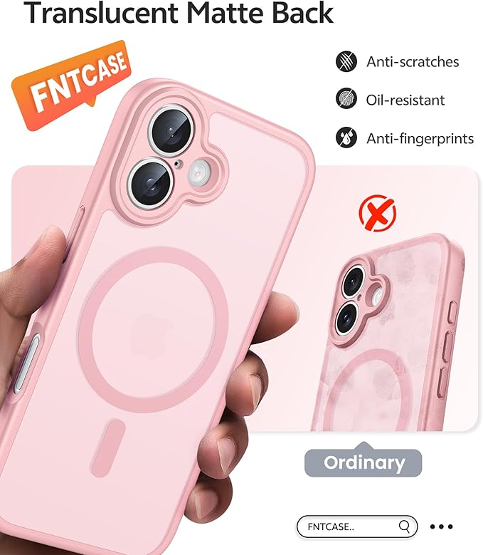 FNTCASE for iPhone 16 Case: [Compatible with Magsafe] Translucent Matte Cases with [Full Camera Protection] [Screen Protector] Military Grade Shockproof Protective Phone Cover - Light Pink