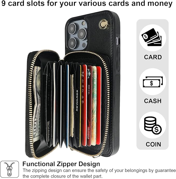 Bocasal Crossbody Wallet Case for iPhone 14 Pro Max, RFID Blocking Leather Purse Case with Card Holder, Protective Handbag Flip Cover with Zipper Wrist Strap Lanyard for Women 5G 6.7 Inch (Black)