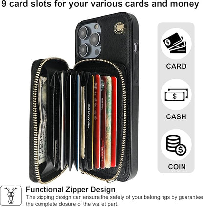 Bocasal Crossbody Wallet Case for iPhone 14 Pro Max, RFID Blocking Leather Purse Case with Card Holder, Protective Handbag Flip Cover with Zipper Wrist Strap Lanyard for Women 5G 6.7 Inch (Black)