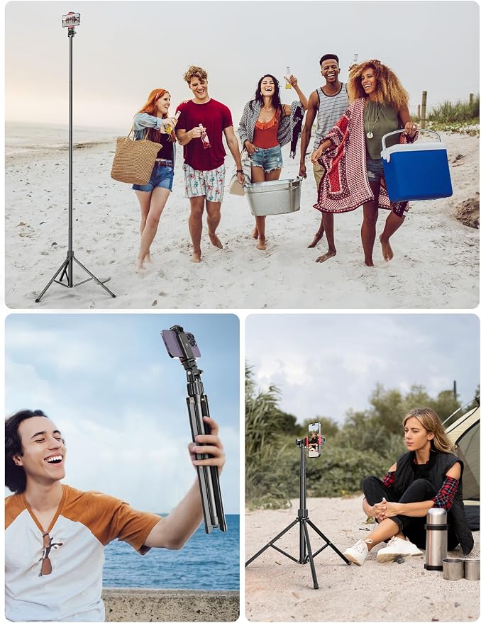 Pnitri 71'' Phone Tripod Stand, Extendable Reinforced Aluminum Phone Stand with Wireless Remote, Stable Cellphone Tripod (210cm-Black)