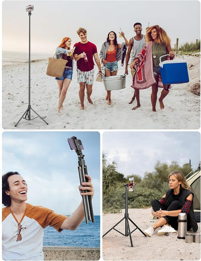 Pnitri 71'' Phone Tripod Stand, Extendable Reinforced Aluminum Phone Stand with Wireless Remote, Stable Cellphone Tripod (210cm-Black)